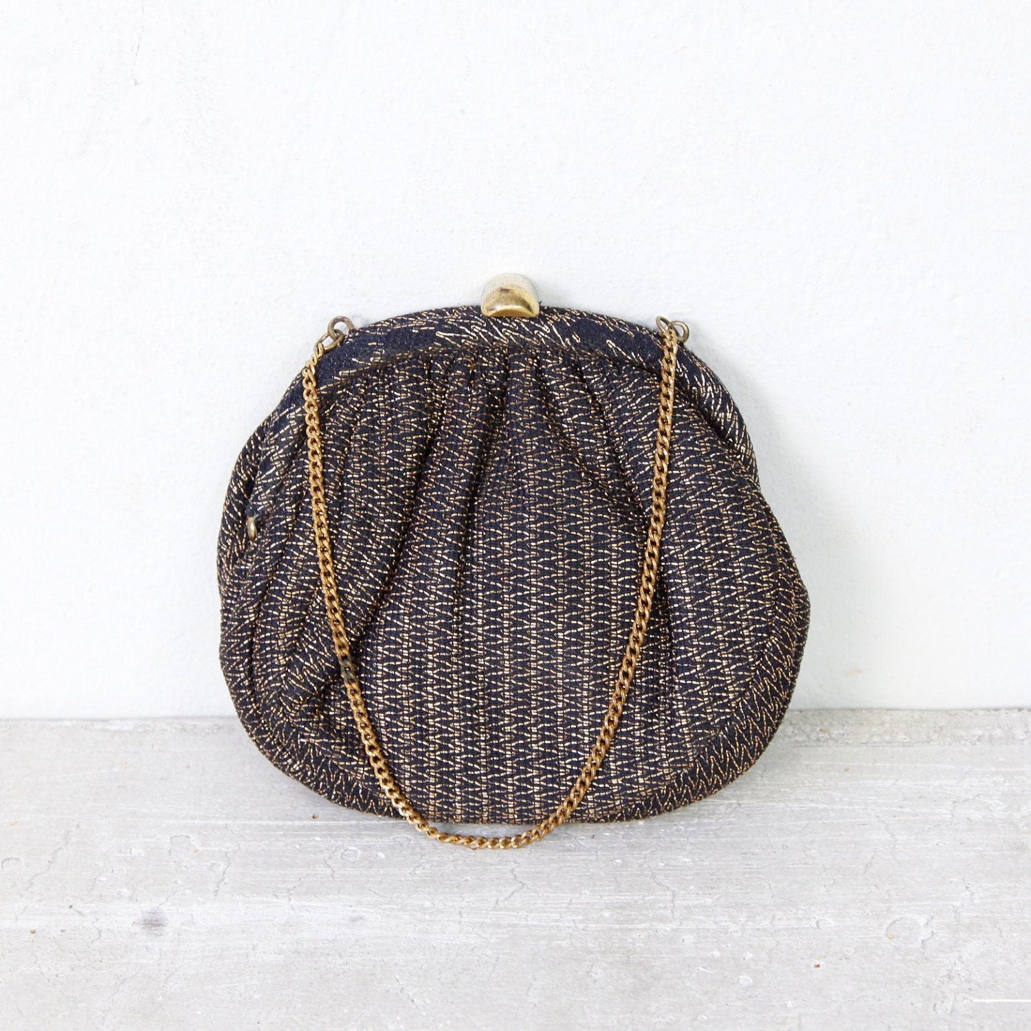Round Black Gold Zig Zag Stitching Handbag
