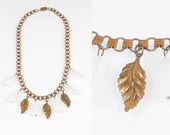 1930s Art Deco Brass Leaf Stone Necklace