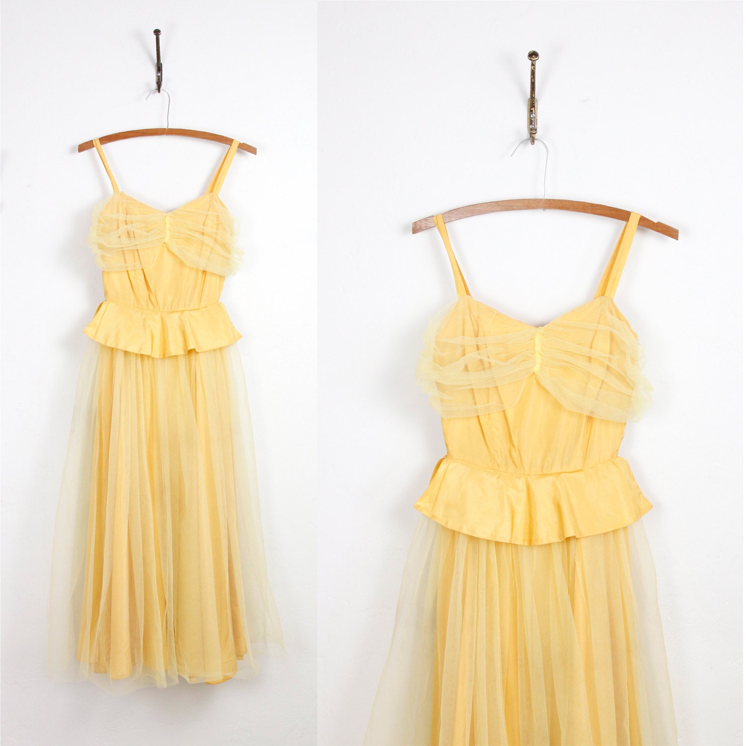 1940s Yellow Taffeta and Tulle Full Skirt Dress