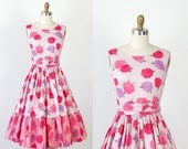 Floral Dress 1950s Pink and Purple Chrysanthemum Full Skirt