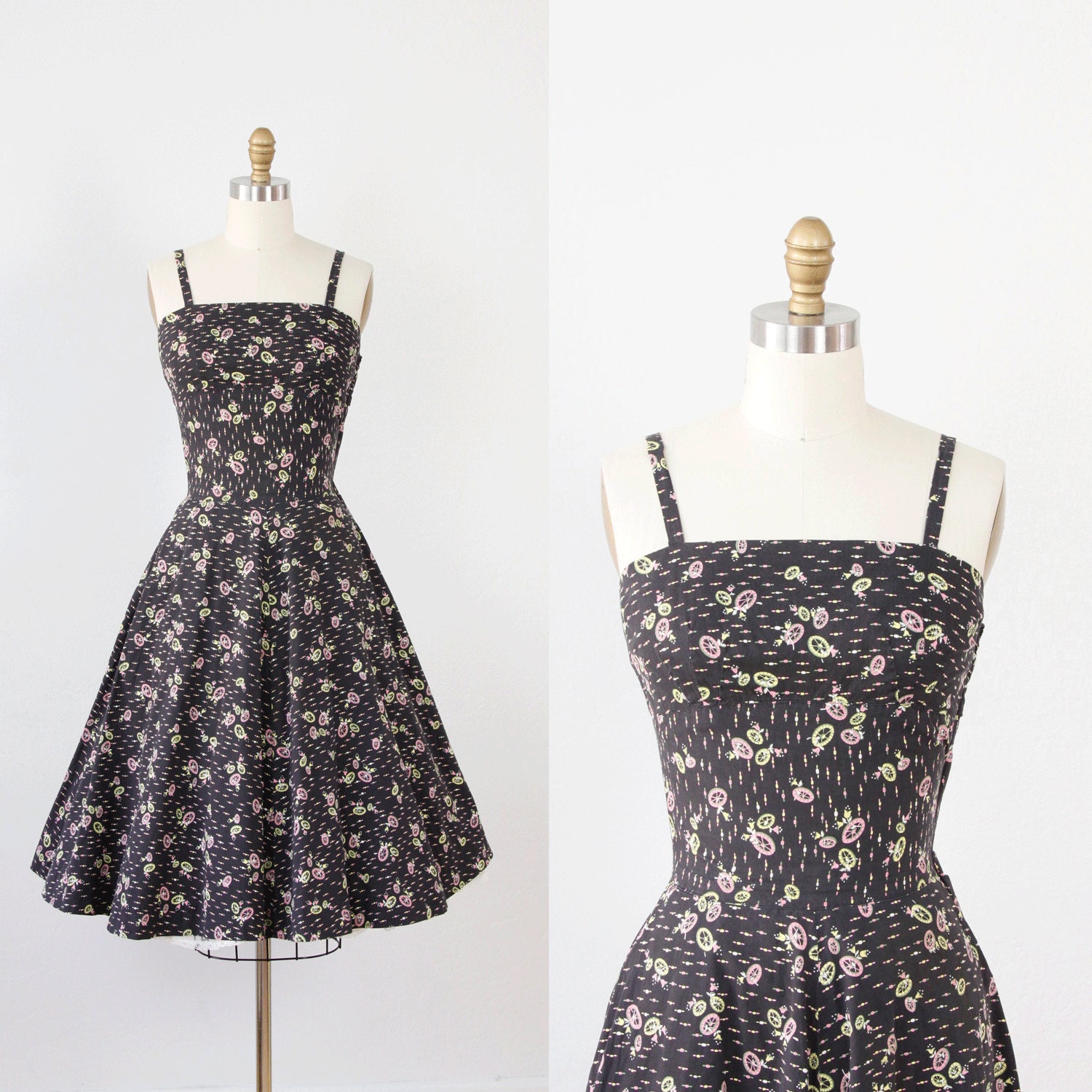 Black Wagon Wheel Print Full Skirt Cotton Dress