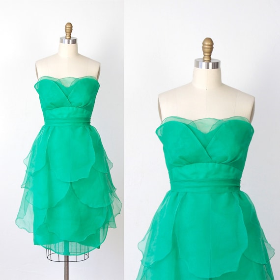 RESERVED for Xiaka Green Organza Petal Strapless Cocktail Dress