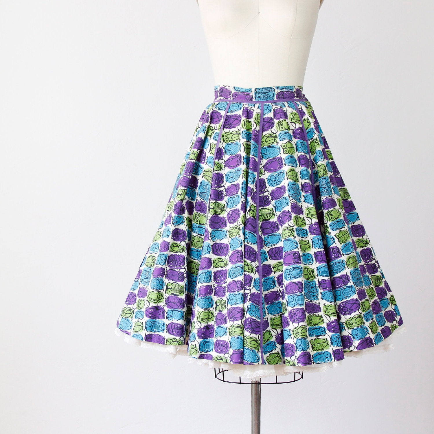 Full Circle Skirt Owl Print 1950s Cotton