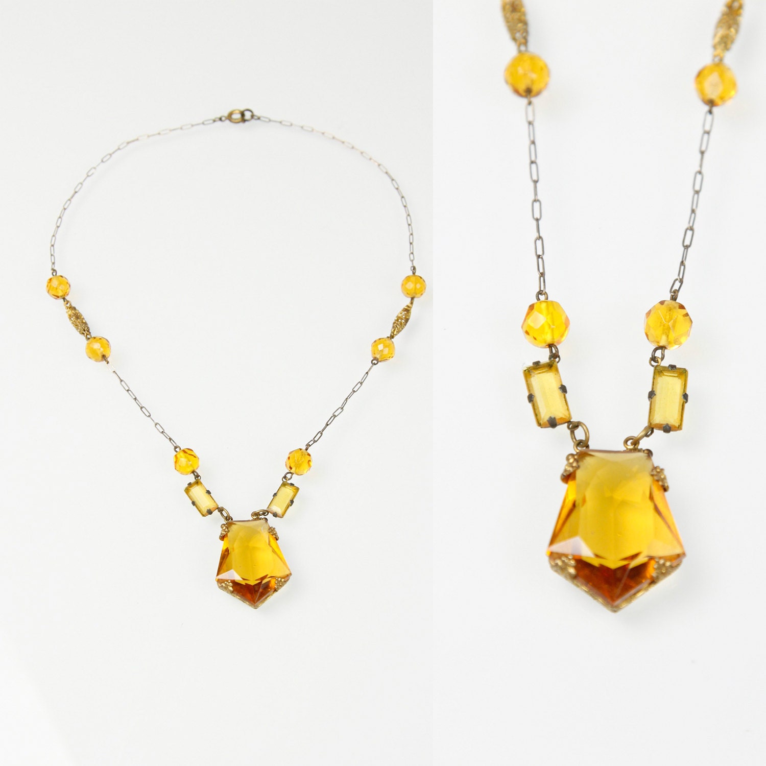1930s Art Deco Brass Amber Stone Necklace