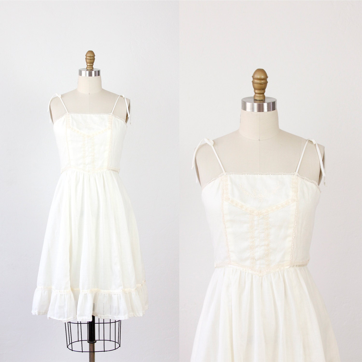 Cream Voile Wedding Dress with Lace and Satin Trim