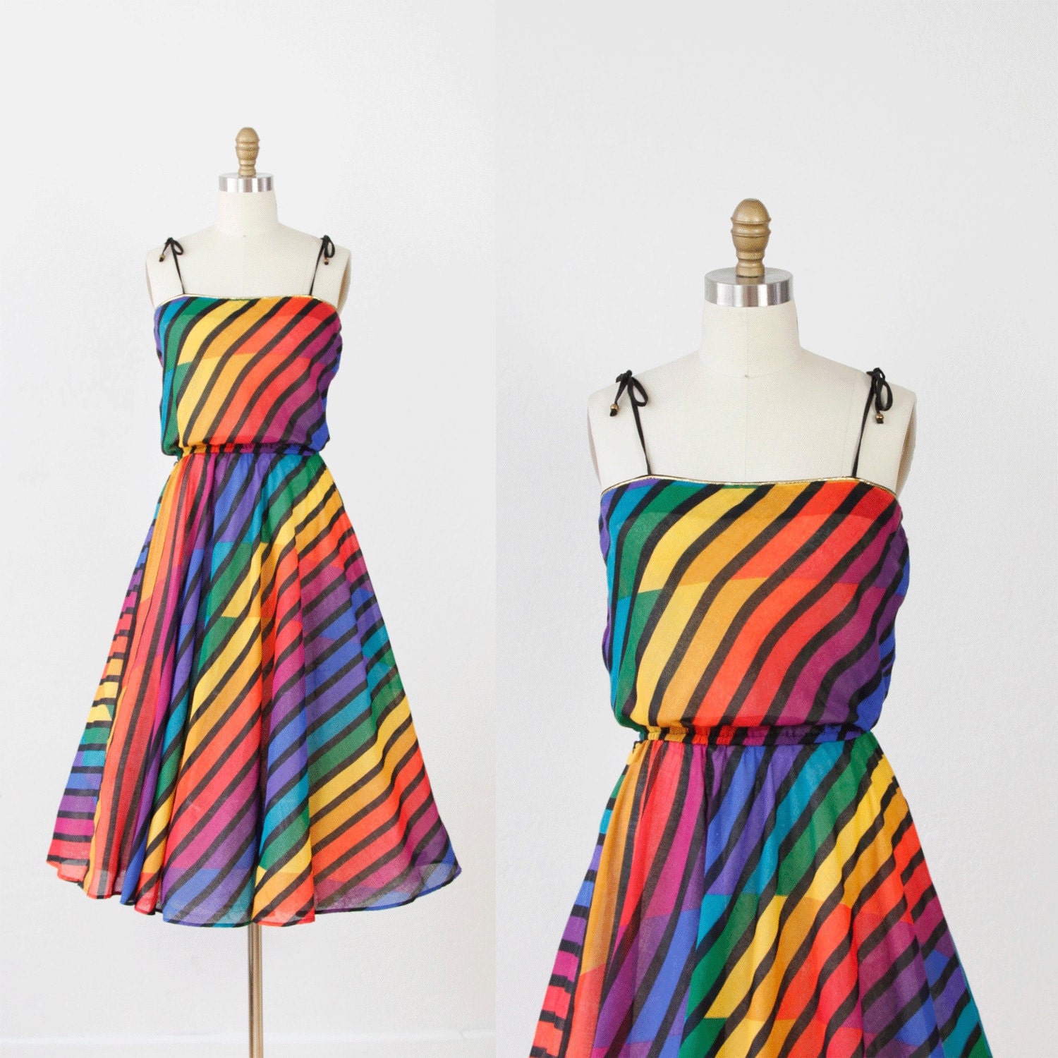 Rainbow Stripe 1970s Tie Strap Gold Trim Dress