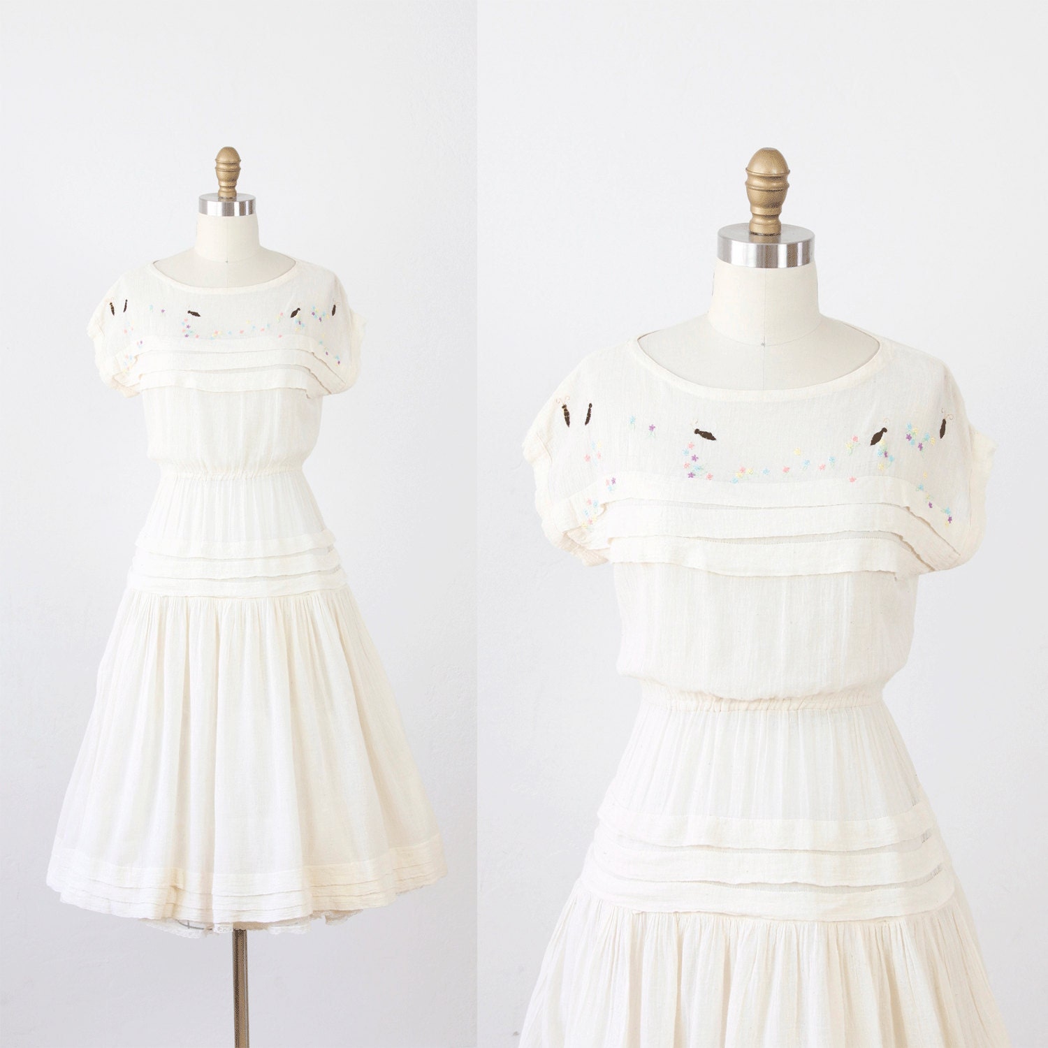 Embroidered Bees and Blossoms Full Skirt Cream Dress