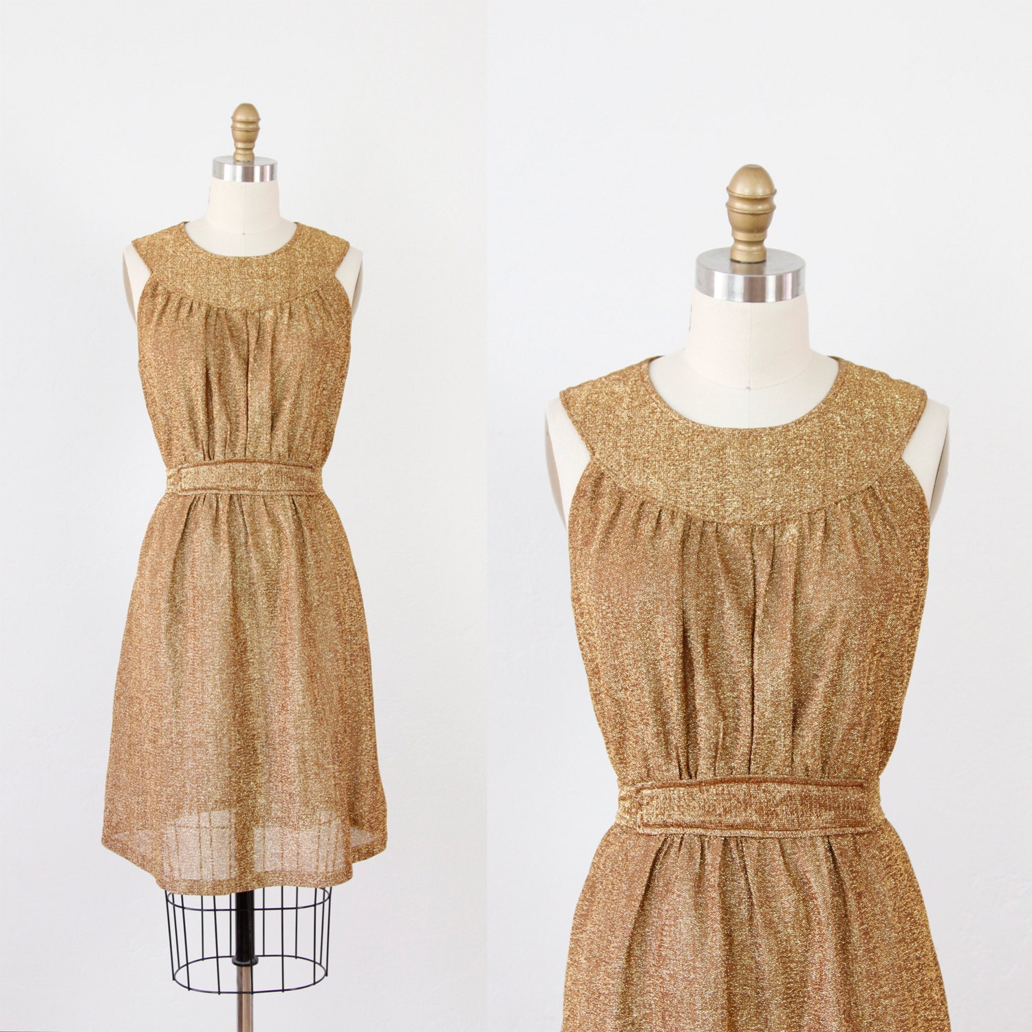 Metallic Gold Shimmer Belted Cocktail Party Dress