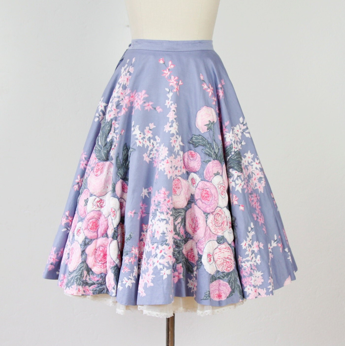 Periwinkle Full Circle Skirt with Quilted Pink Floral Design