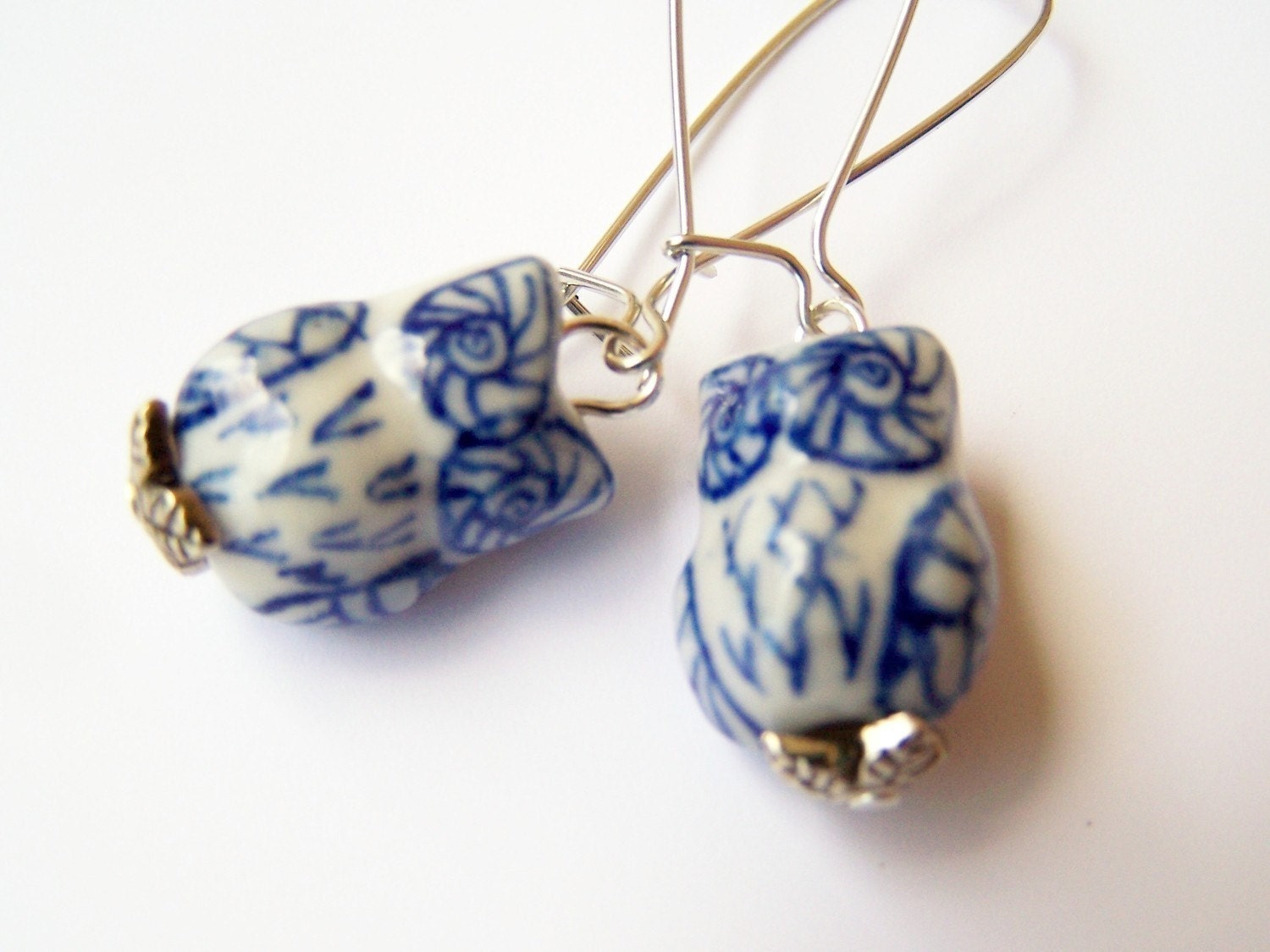 Owl Earrings, Blue & White Porcelain Birds on Kidneywires, Woodland Owl Dangles - Hoots