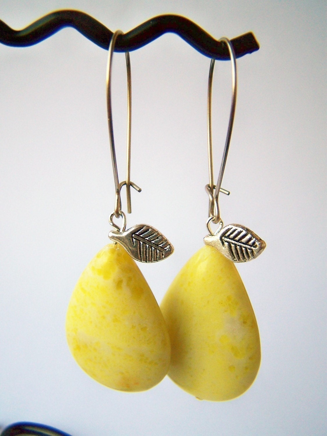 Pear Earrings, Yellow Green Stone Beads on Kidneywires, Fruit Fashion Jewelry in Yellow Jade Dangles - Bartletts