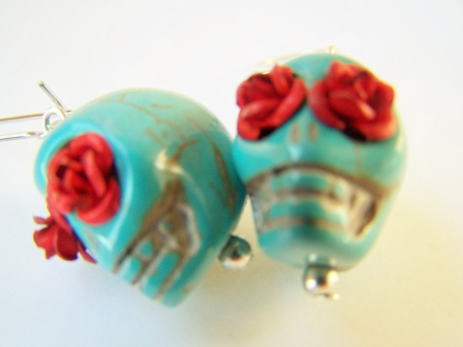 Day of the Dead Earrings, Turquoise Skulls with Red Roses, Calavera Earrings, Dia de Los Muertos Sugar Skull Jewelry - Calaveras