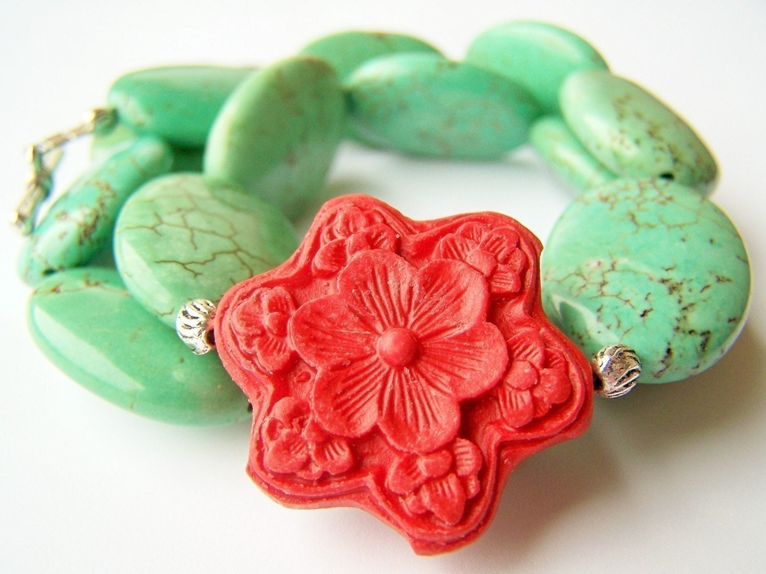 Turquoise Necklace - Frida - Red Cinnabar Flower & Turquoise Stone Asymmetric Statement Jewelry