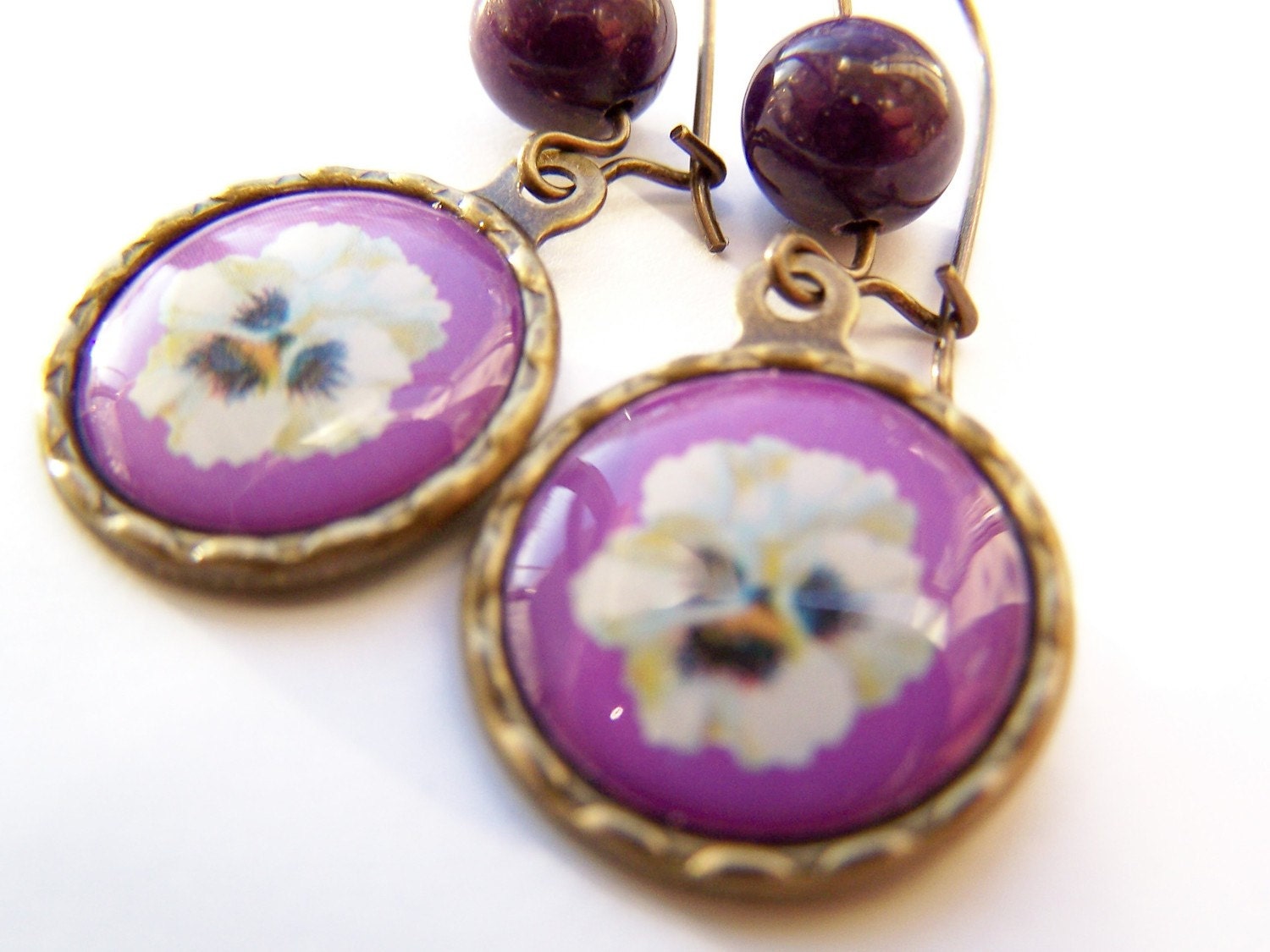 Pansy Earrings - Pansies - Vintage Style Antiqued Brass Earrings - Purple & White Floral Fashion Jewelry