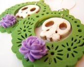 Dia de Los Muertos Earrings, Day of the Dead Earrings, Skull Earrings with Flowers, Green, White & Purple Fashion Jewelry - Skullie