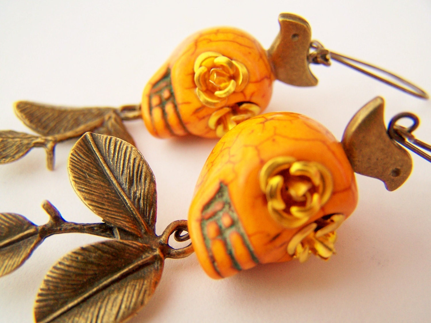 Day of the Dead Earrings - Goldenrod Skulls - Calavera Sugar Skulls with Leaves - Jardin - Frida Kahlo Inspired Jewelry