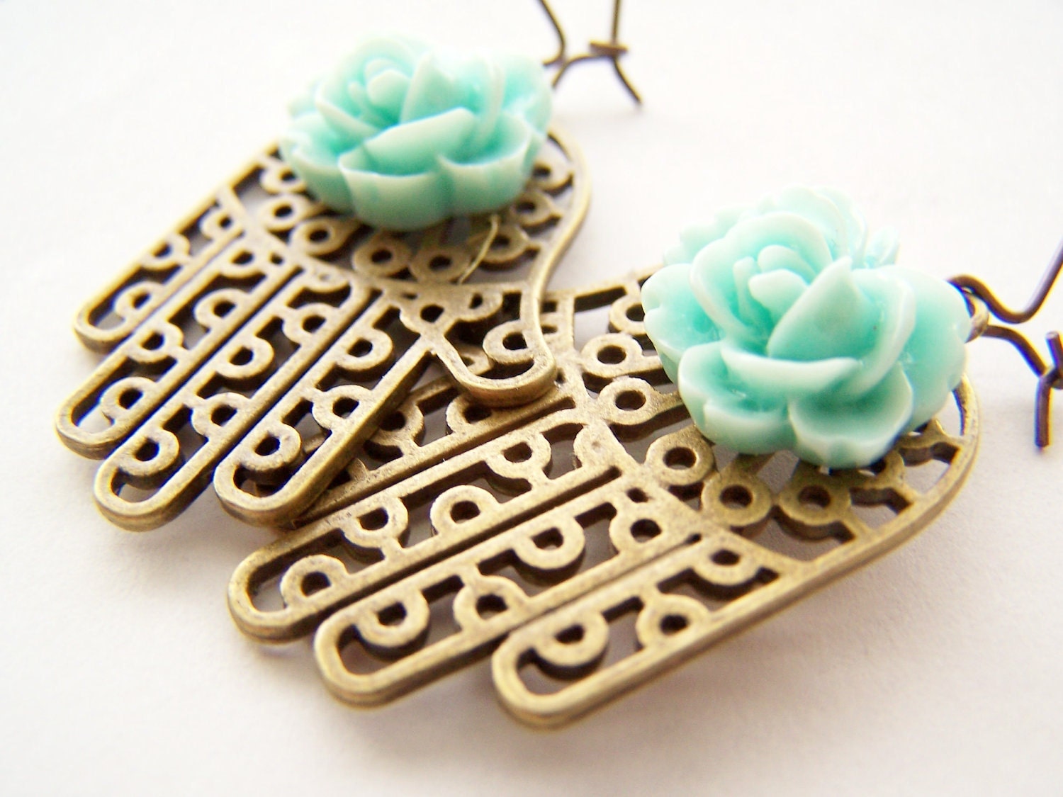 Healing Hands Earrings, Hands of Fatima in Antiqued Brass with Baby Blue Flowers on Kidneywires - Manos