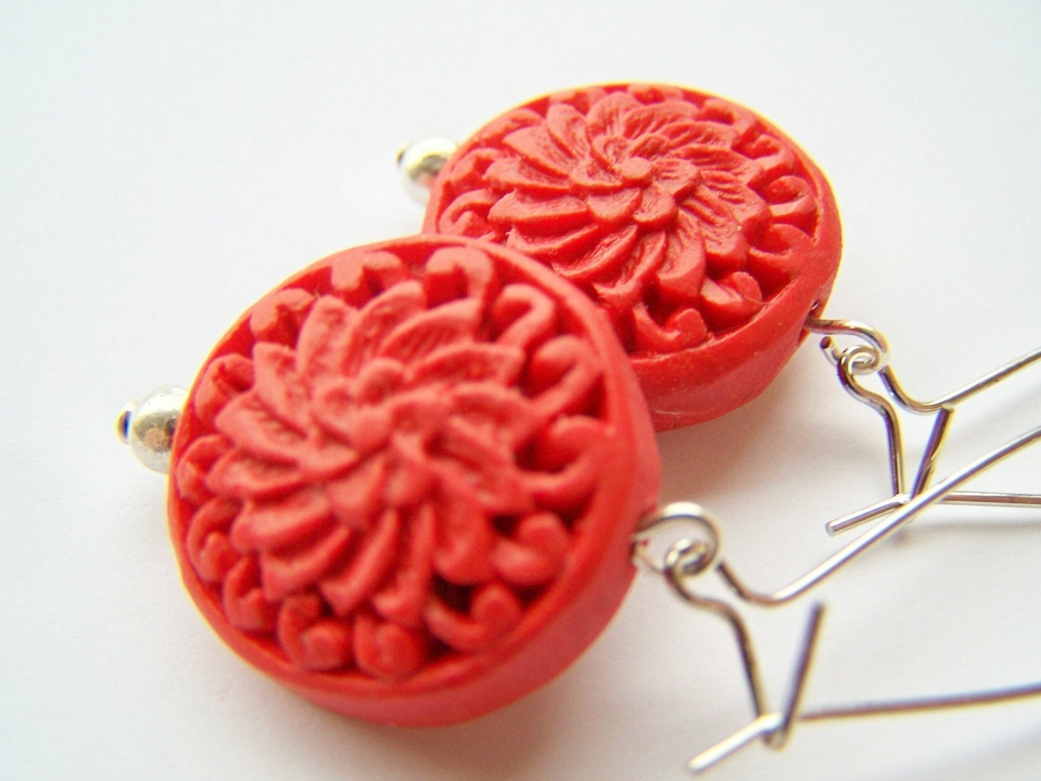 Red Cinnabar Earrings, Carved Asian Cinnabar Drops on Kidneywires, Red Dangle Earrings, Fashion Jewelry - Scarlet