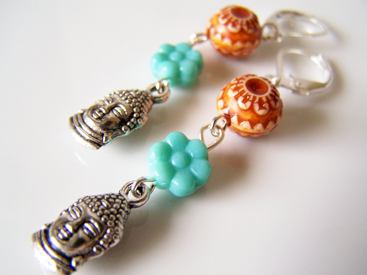 Yoga-Inspired Buddha Charm Earrings, Orange, Turquoise and Silver on Leverbacks, Eastern Religious Icon