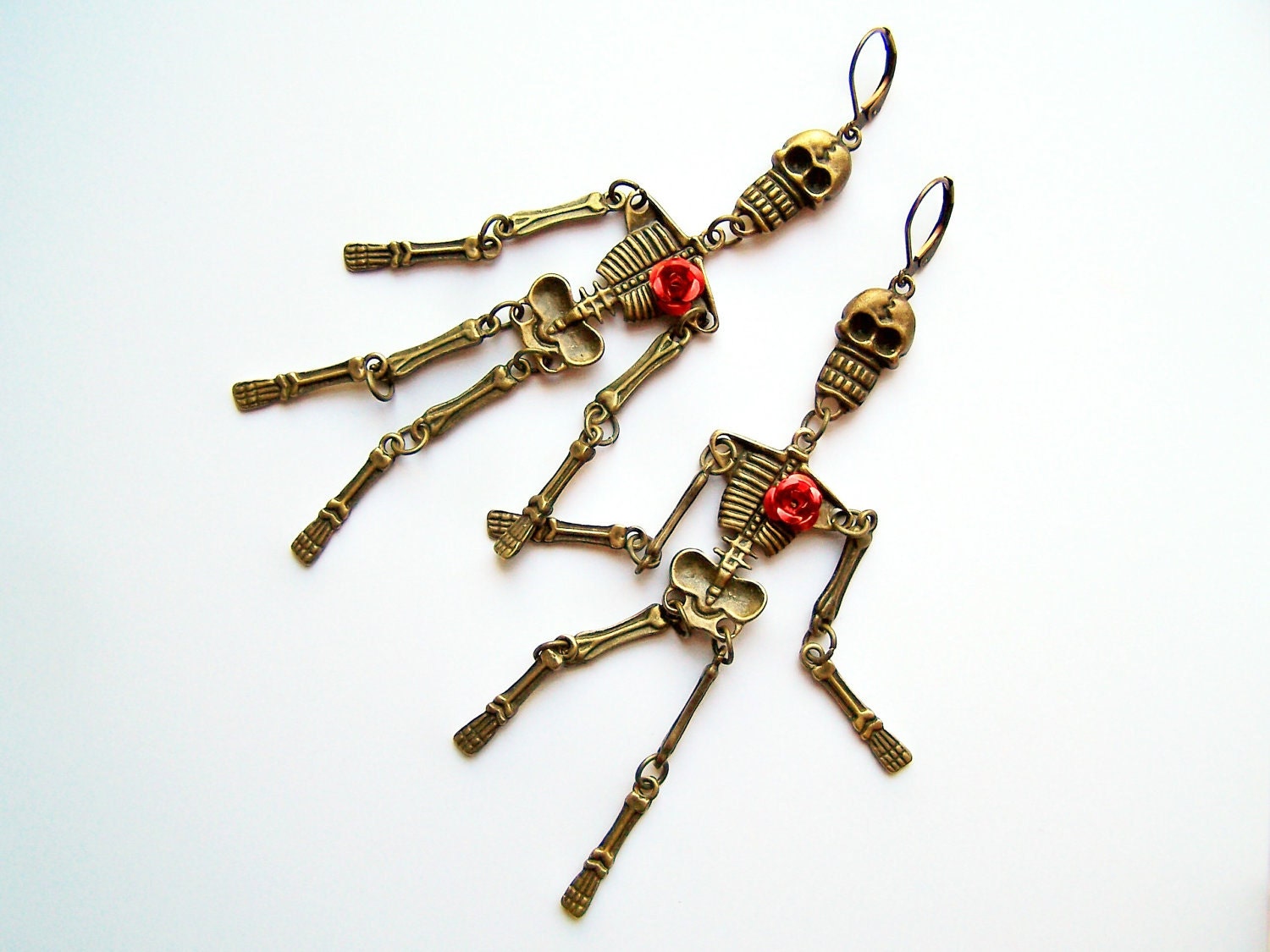 Skeleton Earrings - Bones - Articulated Dancing Skeletons on Leverbacks - Long Day of the Dead Earrings - Antiqued Brass