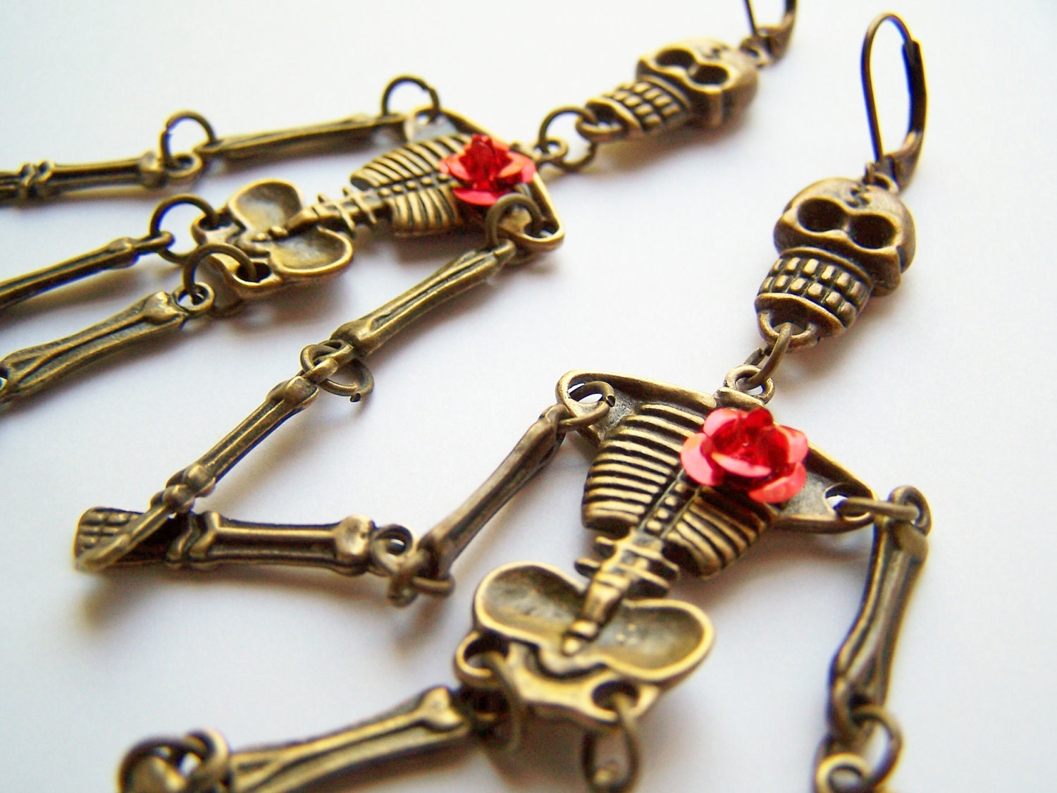 Skeleton Earrings - Bones - Articulated Dancing Skeletons on Leverbacks - Long Day of the Dead Earrings - Antiqued Brass