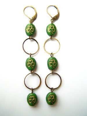 Green St. Patrick's Day Earrings - Shamrocks - Green Czech Glass Clovers & Antiqued Brass Hoops on Leverbacks