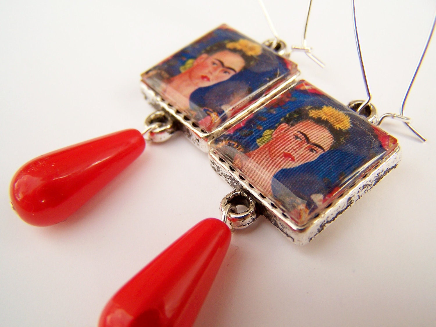 Frida Kahlo Tile Earrings - Artista - Handmade Art Charms & Glass Beads with Frida's Self Portrait