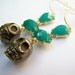 Pyrite Skull Earrings - Luxe - Turquoise & Aqua with Carved Fool's Gold Skulls - Goldtone Drops