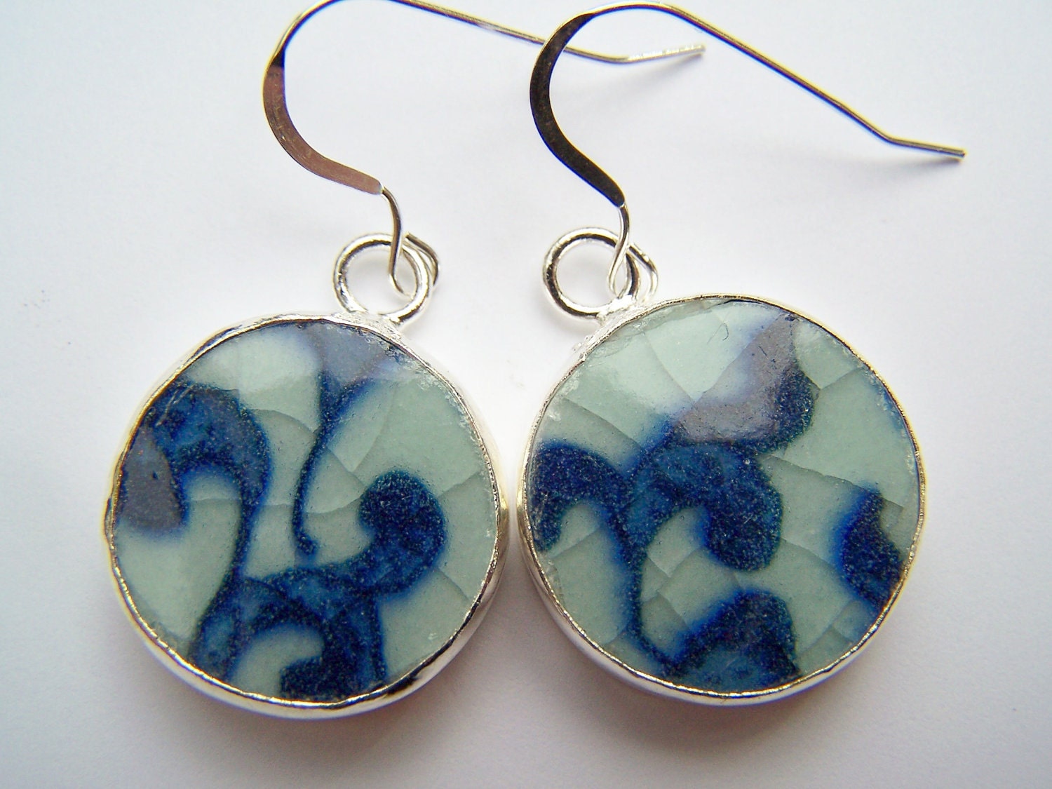 Blue Pattern China Earrings - Traditional Pottery Shard Earrings - Ching - Blue & White Porcelain on Sterling Fishhooks