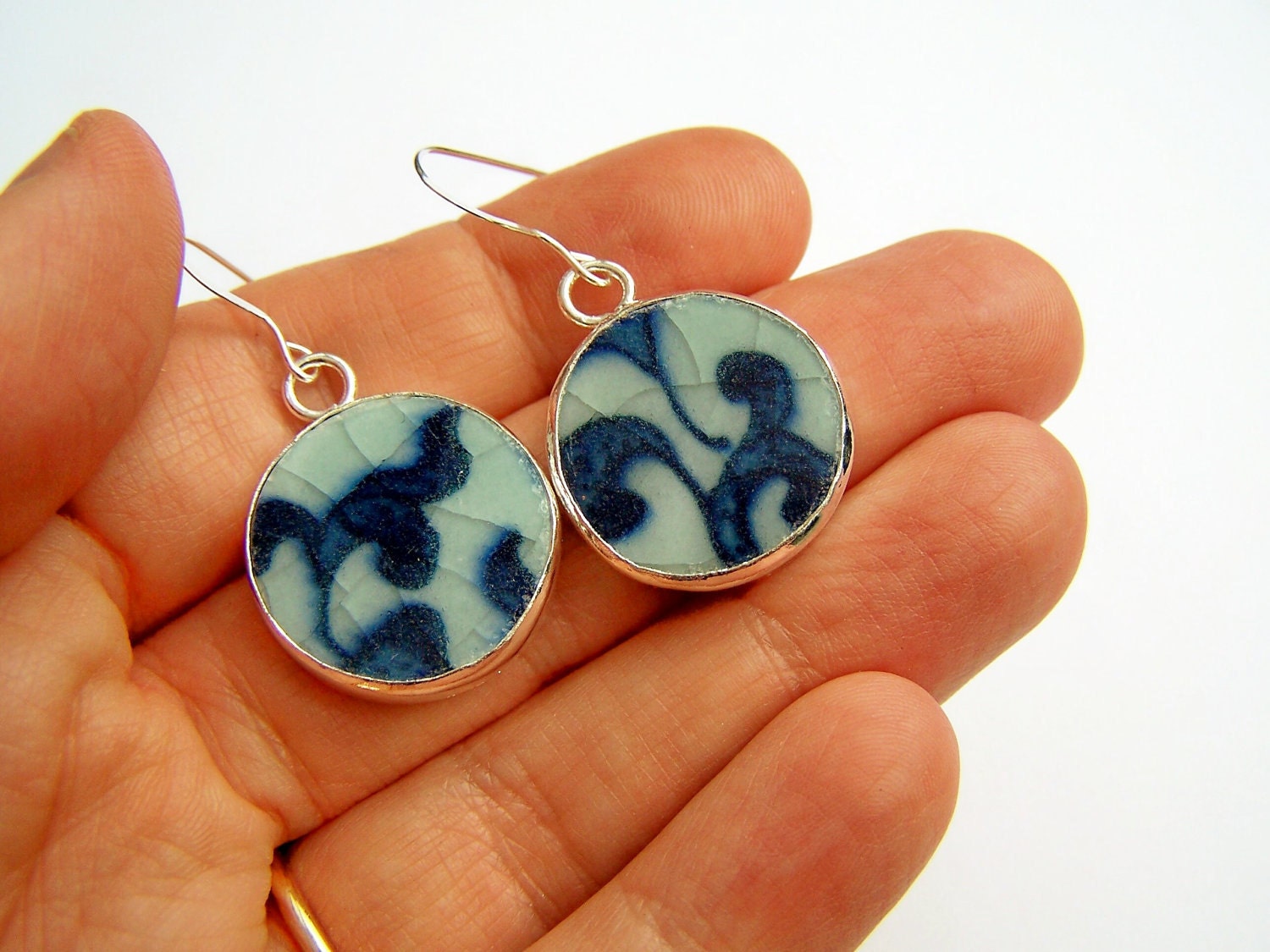 Blue Pattern China Earrings - Traditional Pottery Shard Earrings - Ching - Blue & White Porcelain on Sterling Fishhooks