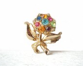 Mid Century Brooch Coro Multi Color Flower Rhinestones Goldtone