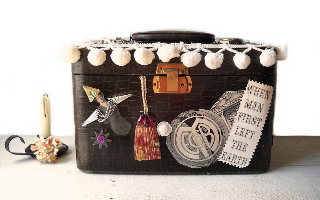 Upcycled Alligator Train Case Hot Air Balloons Mixed Media Assemblage