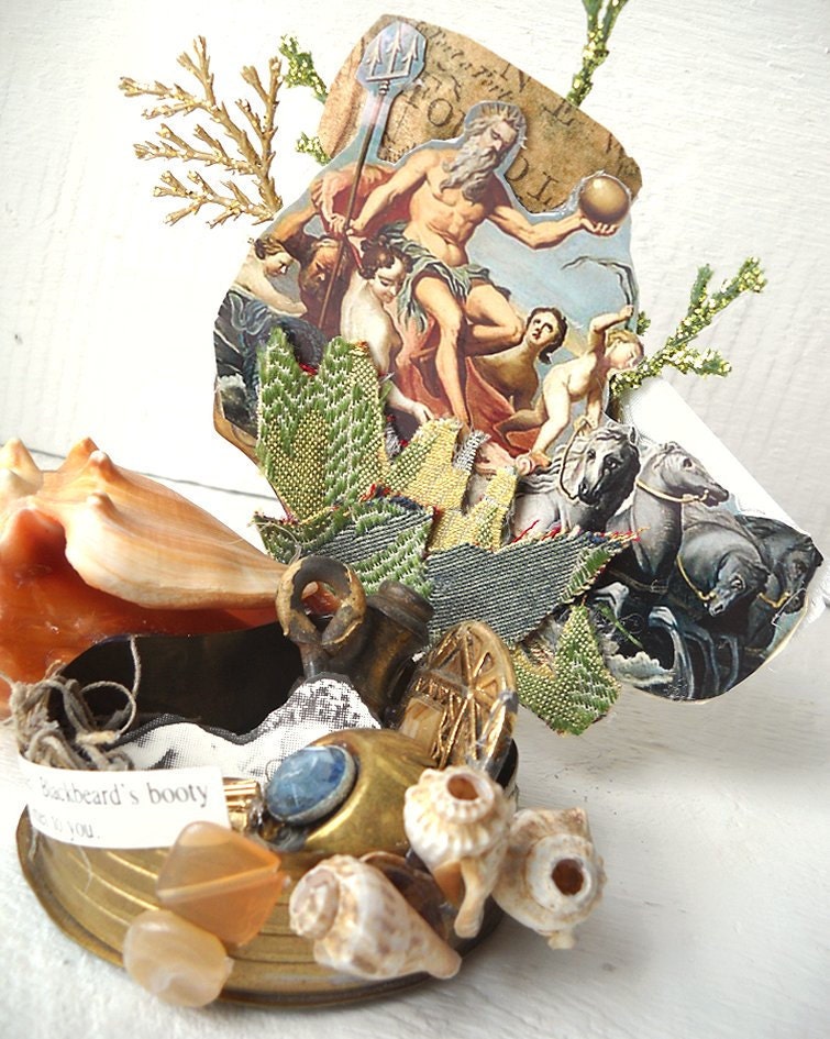 Nautical Altered Art Assemblage King Neptune Mermaid Decoration