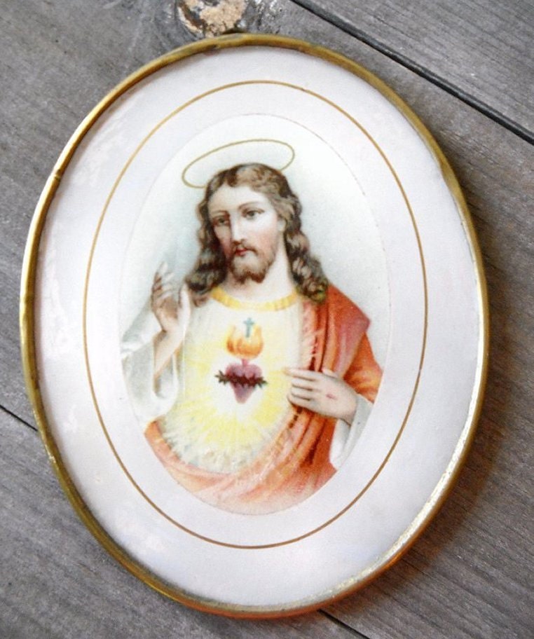 Vintage Glass Prints Sacred Heart Jesus Immaculate Heart Mary Czechoslovakia Catholic