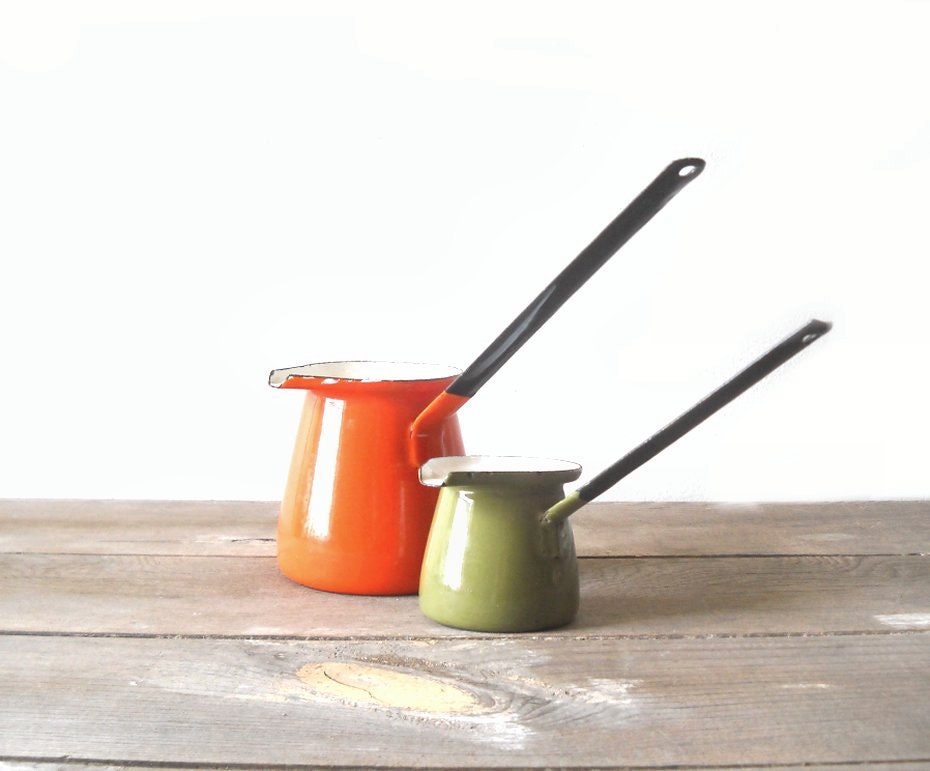 2 Vintage MOD Enamel Turkish Coffee Pots Dippers Orange Olive Yugoslavia