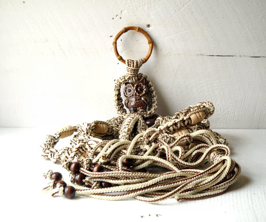 Vintage Macrame Owl Plant Hanger 1970s Large Boho Hippie