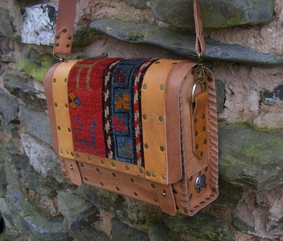 Purse carpet bag antique rug veg tan leather