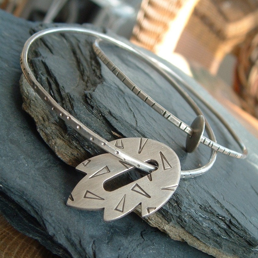 Bangle Bracelet Silver Sterling Leaf stamped Funky