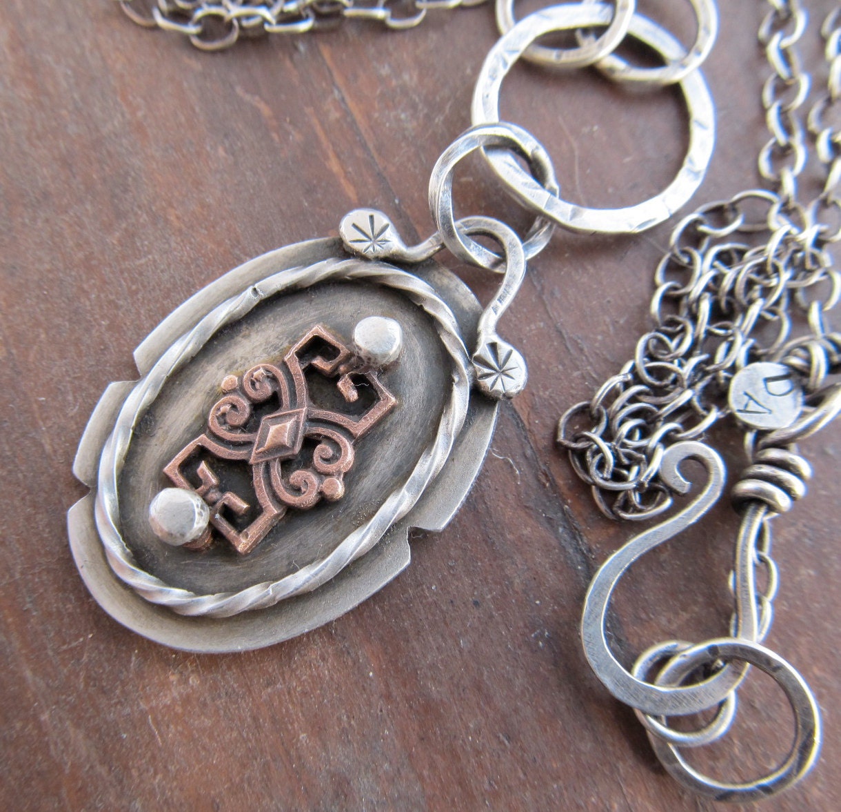 Long Sterling Necklace Filigree Pendant Medallion Chain Victorian Antique style