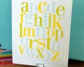 Letterpress alphabet print in yellow, lime green and sky blue for Nursery or Child's Room