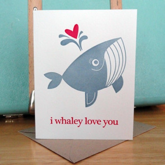 Letterpress card and envelope with "I Whaley Love You" in Marine blue and bright pink (A2 Size)