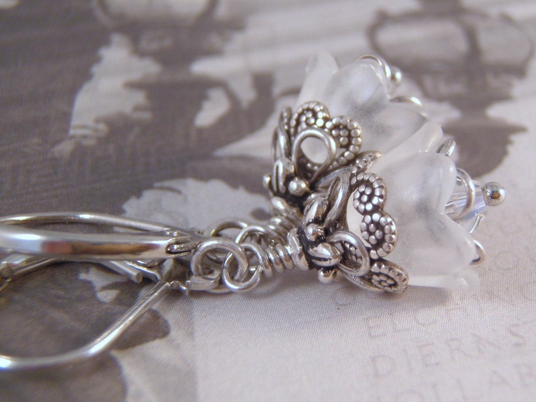 White Floral Earrings Antique Silver Swarovski Crystal Lever Back Ear Wire