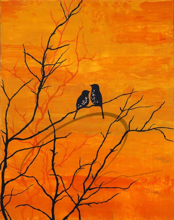 Moment of Silence - Fine Art Print acrylic painting lovebirds orange fall sunset landscape scene dusk autumn tree silhouette Oladesign 8x10