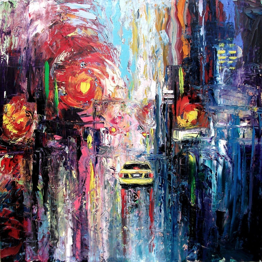 Abstract painting original oil city landscape impasto art by Aja