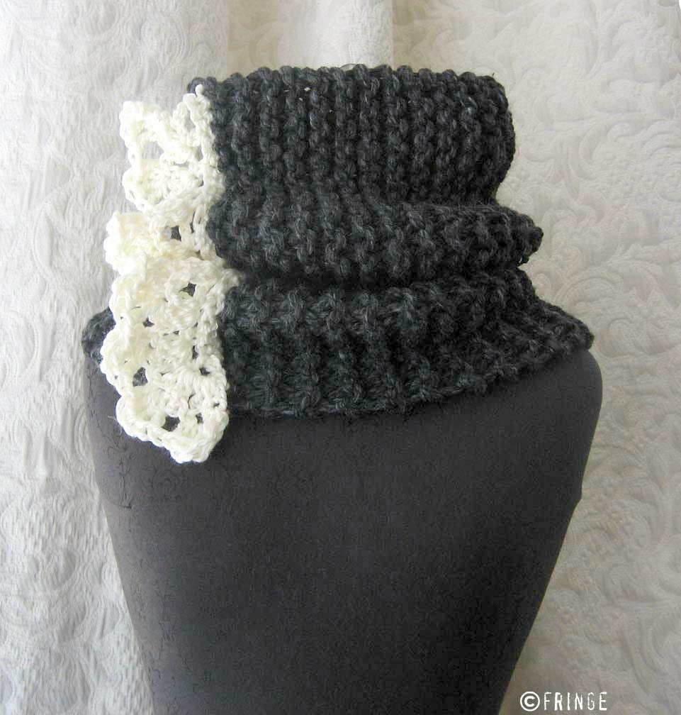 Out-of-Print Cowl - Chunky Knit Cowl - Charcoal Grey and Cream