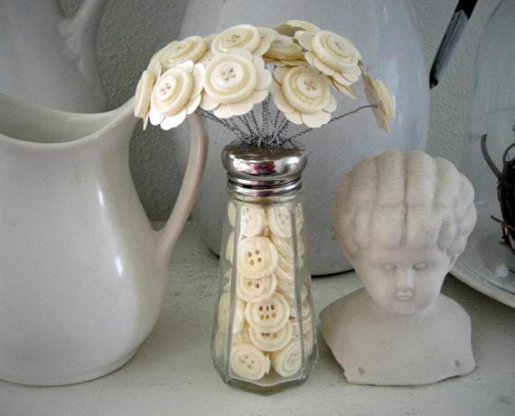 RESERVED for annamclain Button Bouquet in Button Filled Salt Shaker Shabby White Wedding Favor Decor