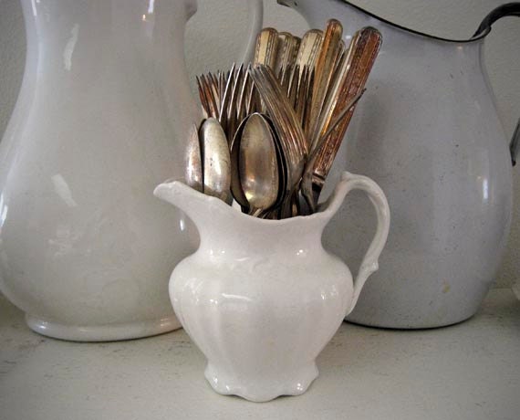 Pitcher Plus 35 Pieces Vintage Silver Flatware and Antique K.T.&K Knowles Taylor Knowles Warranted Granite Ironstone White Pitcher