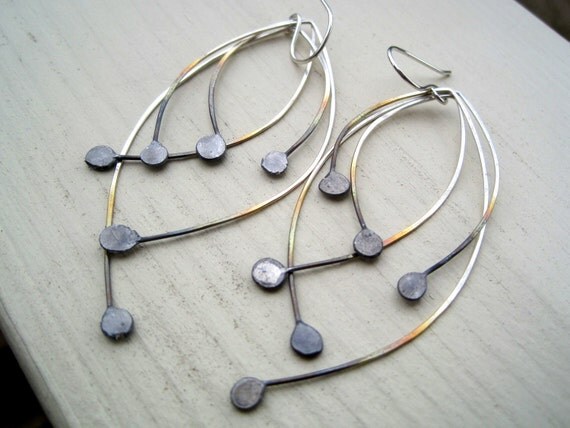 Peacock Feather Earrings - sterling silver earrings, unique contemporary jewelry, black and white, oxidized