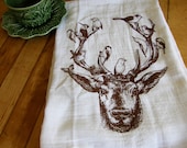 Deer & Birds Tea/Dish Towel-Hand Printed- Chocolate Brown or Black Ink