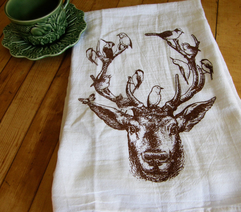 Deer & Birds Tea/Dish Towel-Hand Printed- Chocolate Brown-hostess gift-stocking stuffer